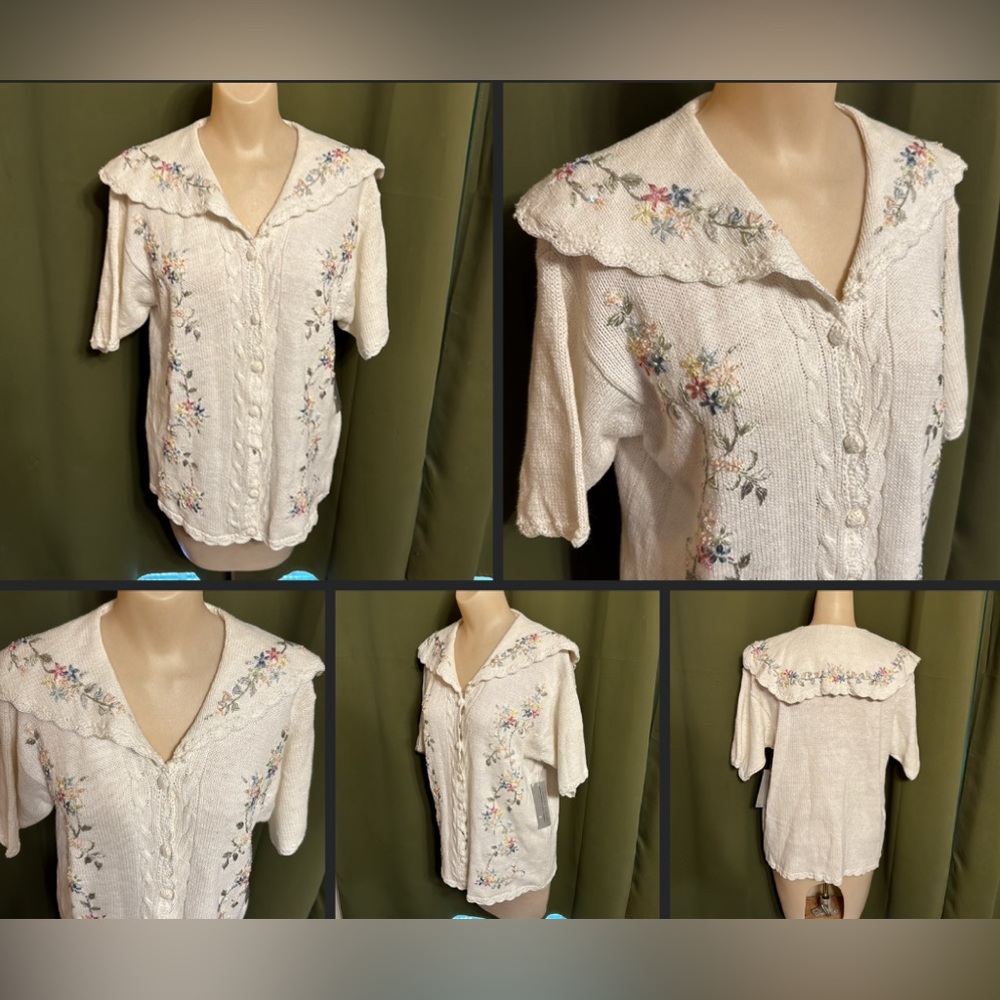 Vintage NOS Carolyn Taylor Embroidered Granny Cottagecore Cardigan Sweater M